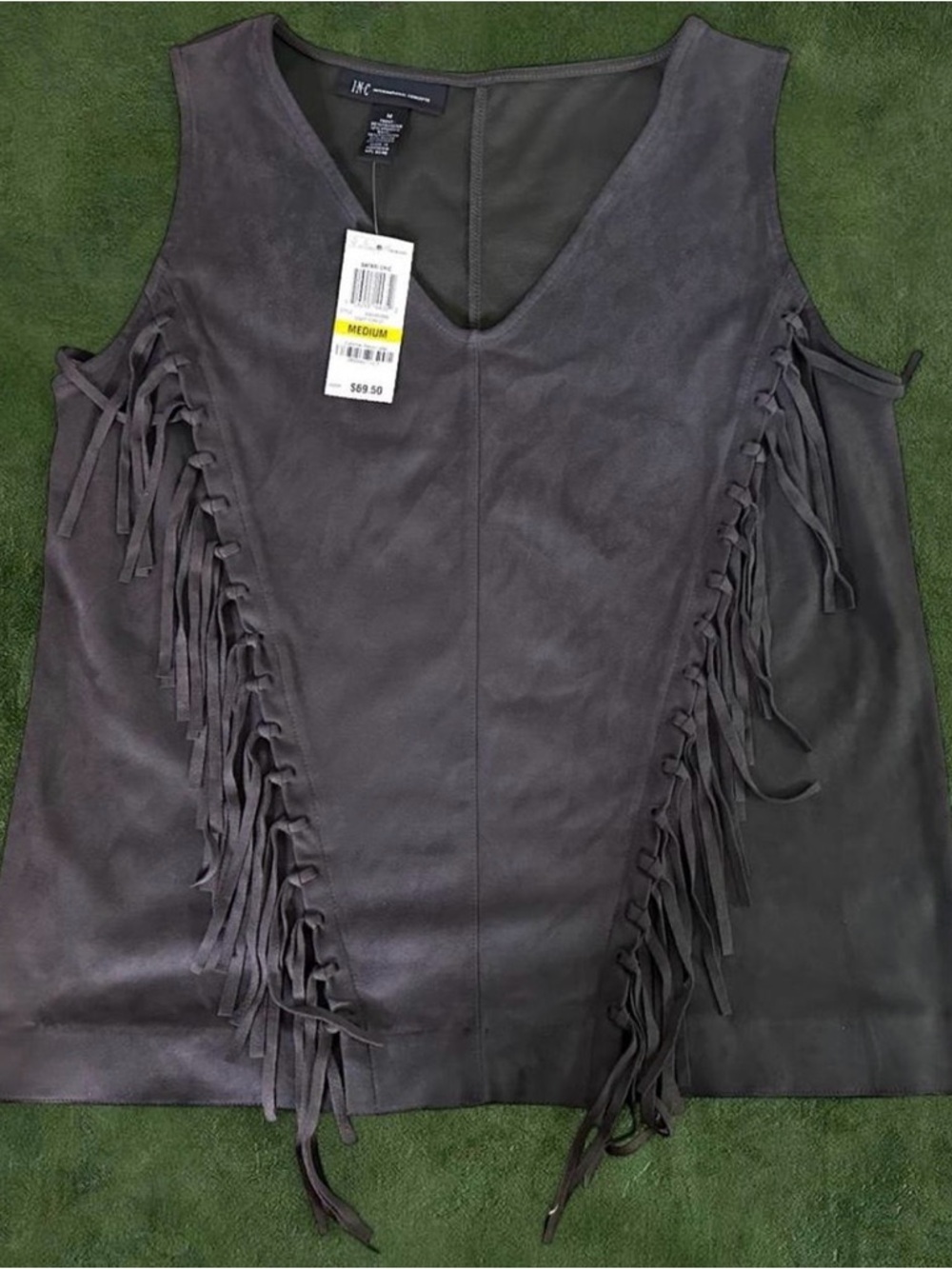 INC International Concepts Charcoal Faux-Suede Fringe V-Neck Tank